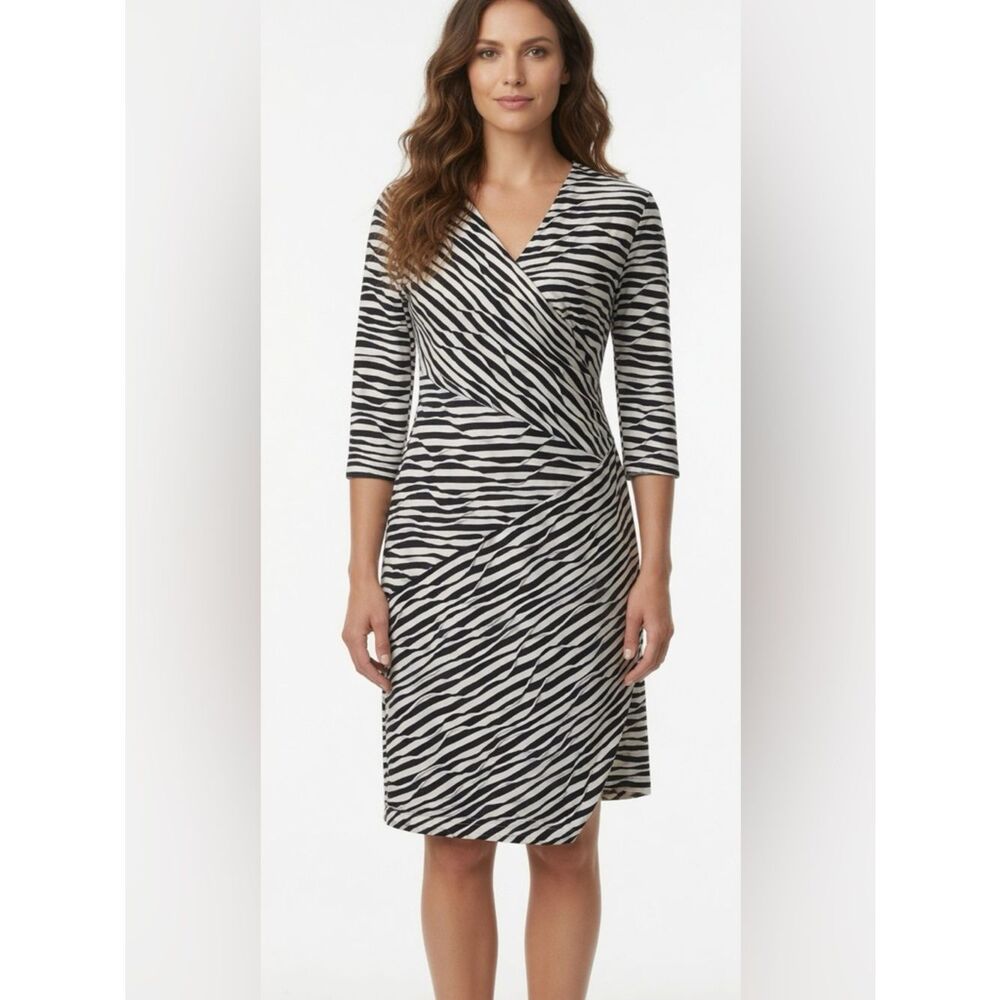 Chico’s Stripe Print Surplice Wrap Neck Black White Sheath Dress